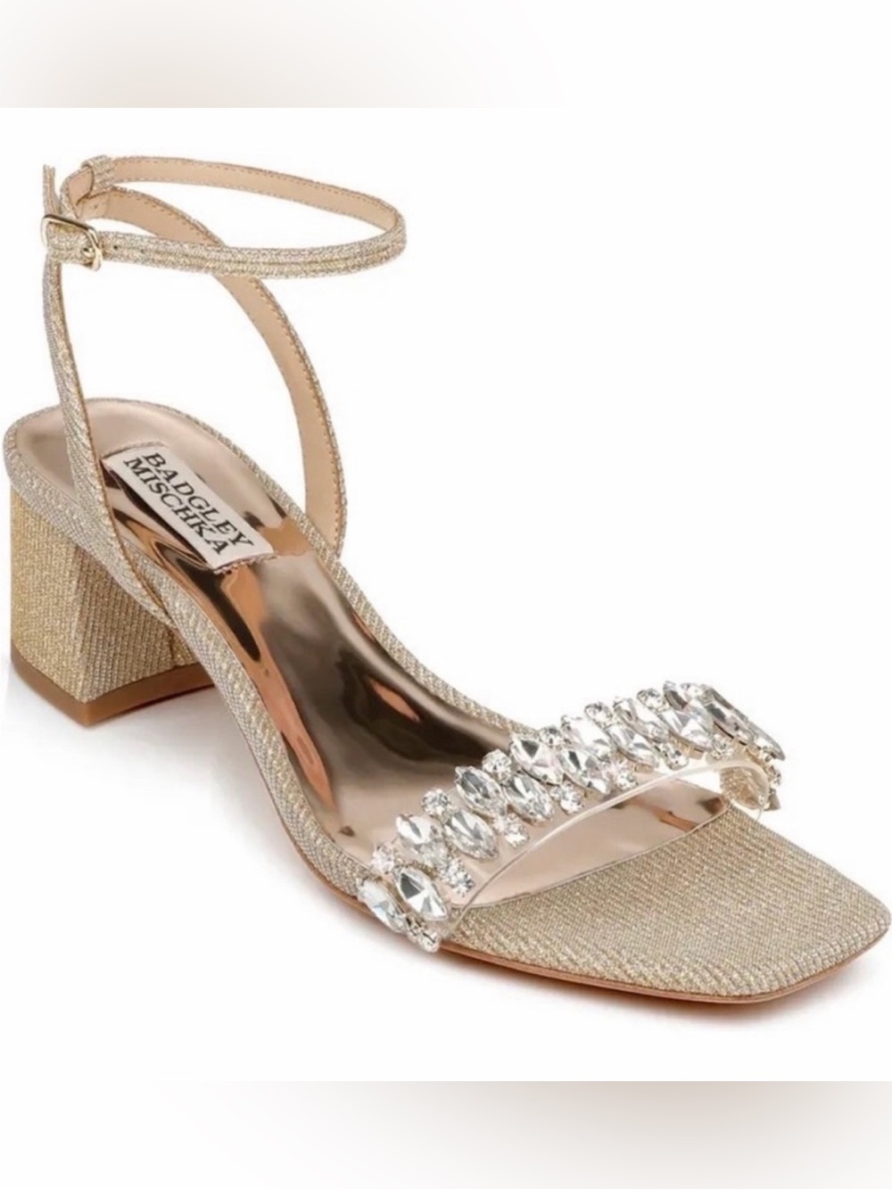 Badgley Mischka Harlow Crystal Block Heel Sandals Gold Silver Size 11 Wedding
